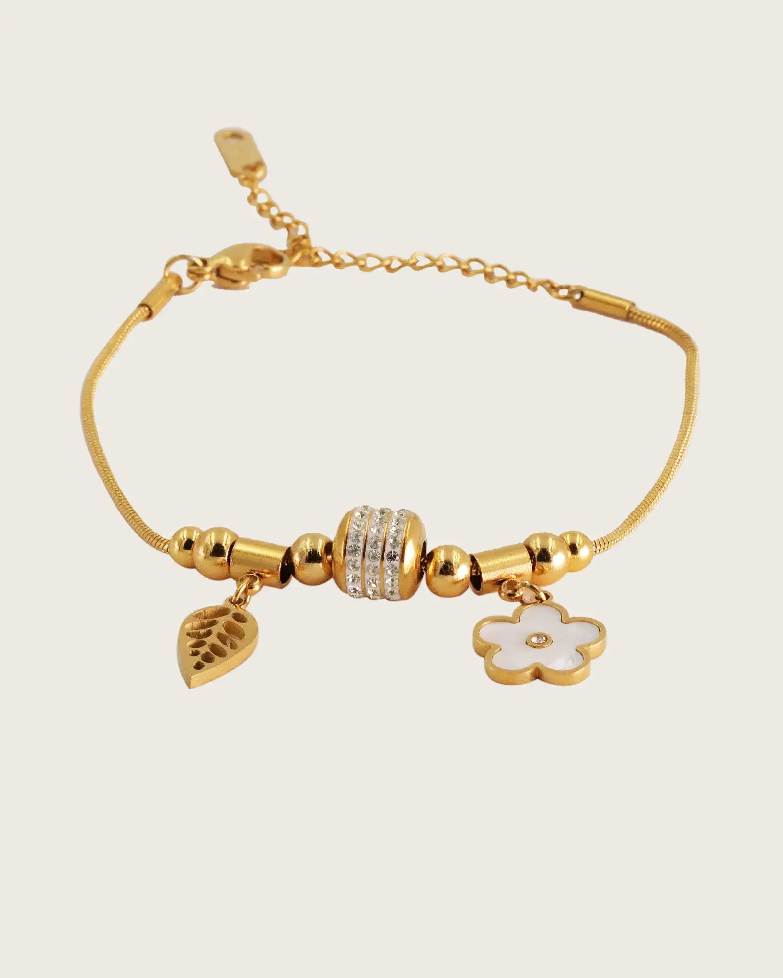 18k Gold Plated Stainless Steel Charm Bracelet, with Leaf and four Flower Charms, Cubic Zirconia Kaaf Creations