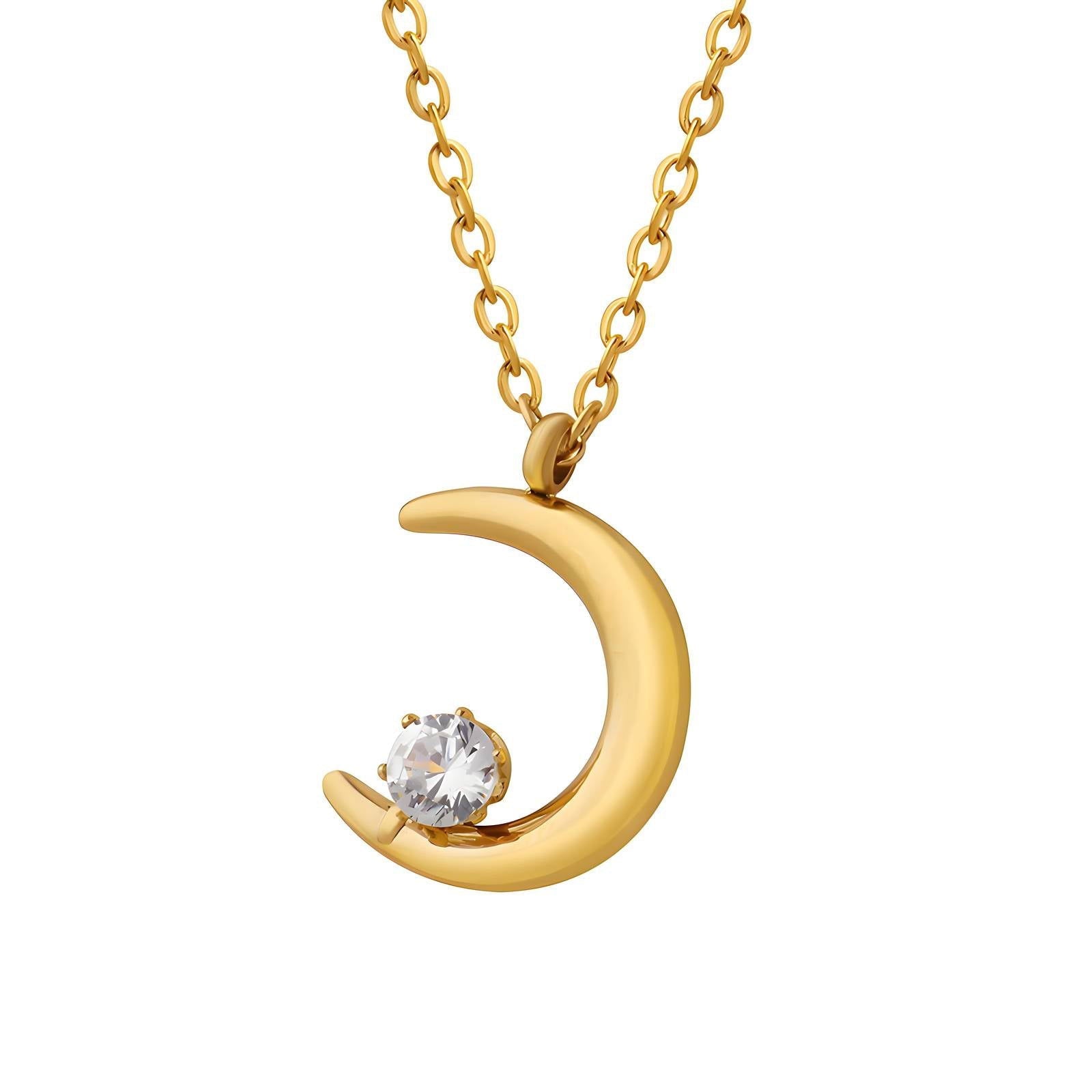 18K Gold Plated Stainless Steel Crescent Necklace for Women and girls, Cubic Zirconia, Kaaf