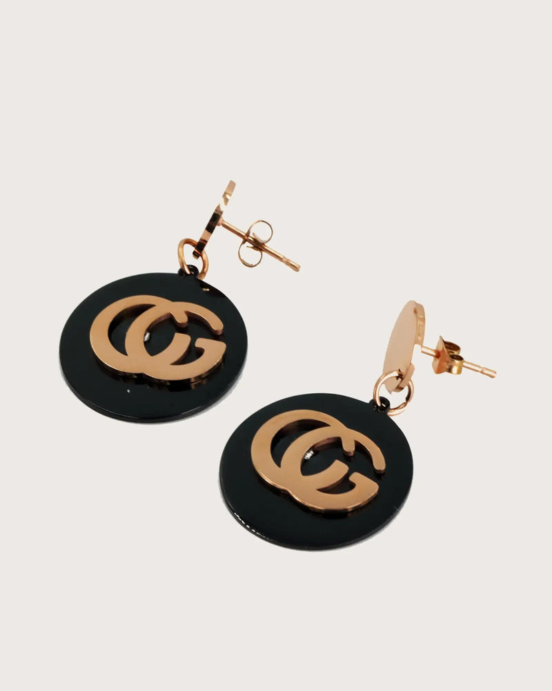 Rose gold stainless steel Luxury Brand Earrings for women, Black and Tan, Resin, Disc Shape