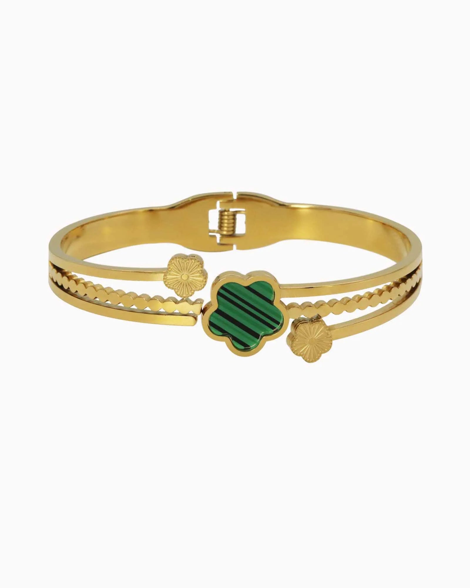 18k Gold-plated Bracelet with cubic rirconia Green flower, Textured Accents for women and girls gift