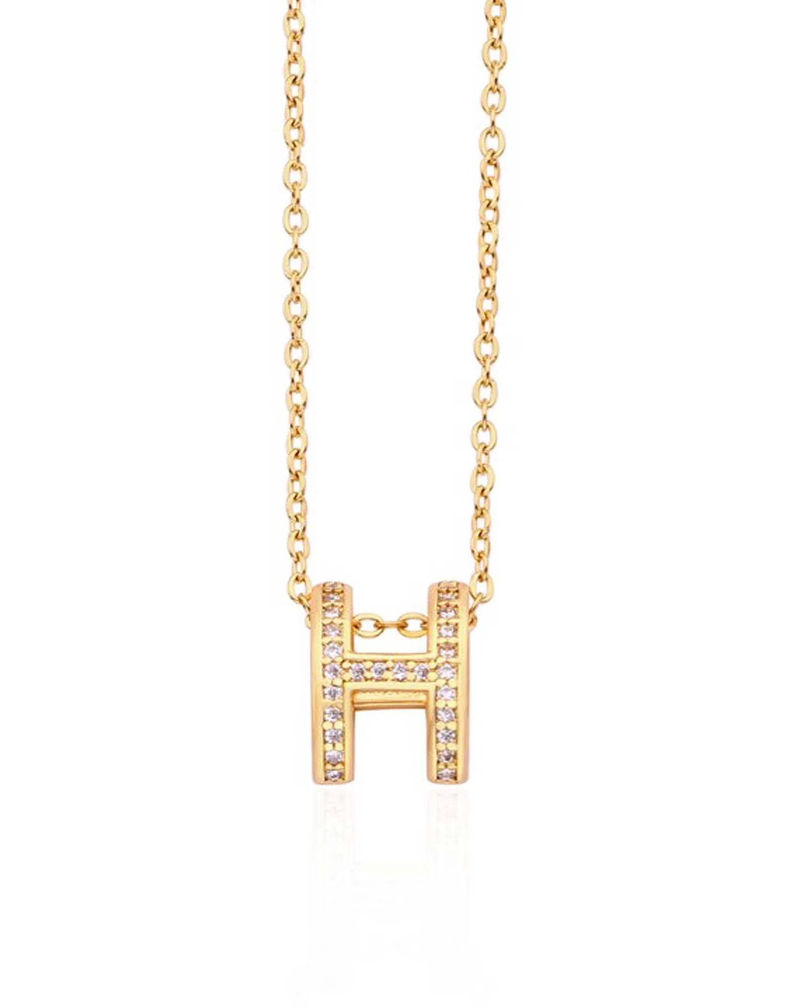 18K Gold Plated Stainless Steel Chain, Initial Letter H Necklace, Crystal-Studded Pendant, 40+6 cm Kaaf Creations