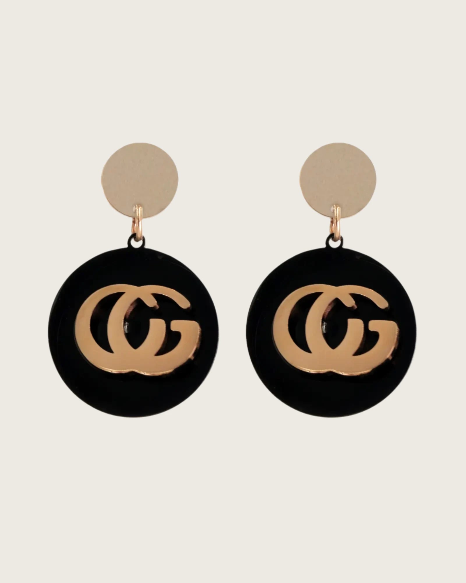 Rose gold stainless steel Luxury Brand Earrings for women, Black and Tan, Resin, Disc Shape