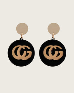 Rose gold stainless steel Luxury Brand Earrings for women, Black and Tan, Resin, Disc Shape