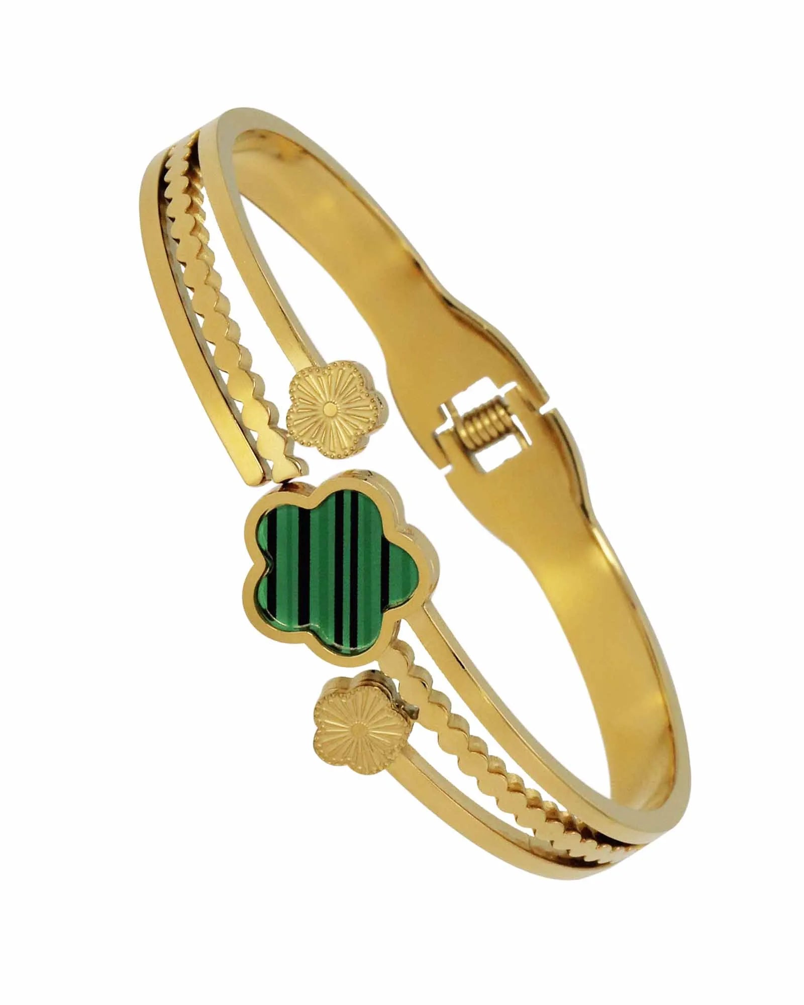 18k Gold-plated Bracelet with cubic rirconia Green flower, Textured Accents for women and girls gift