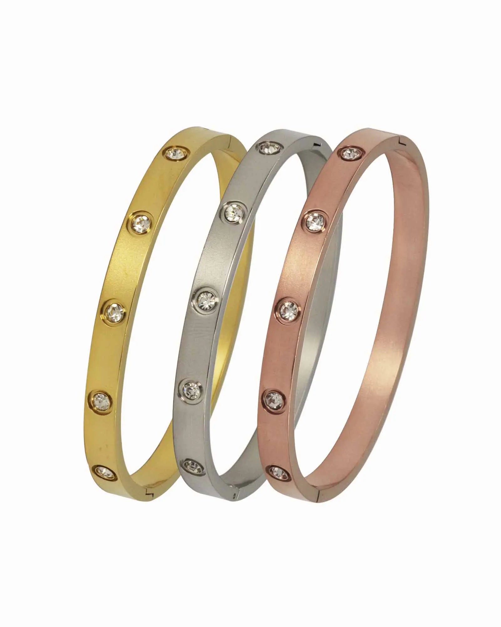 Tri-Colour stainles steel Bracelets - bangle with Crystals, Set of 3, 18k Gold plated, Silver, Rose Gold,