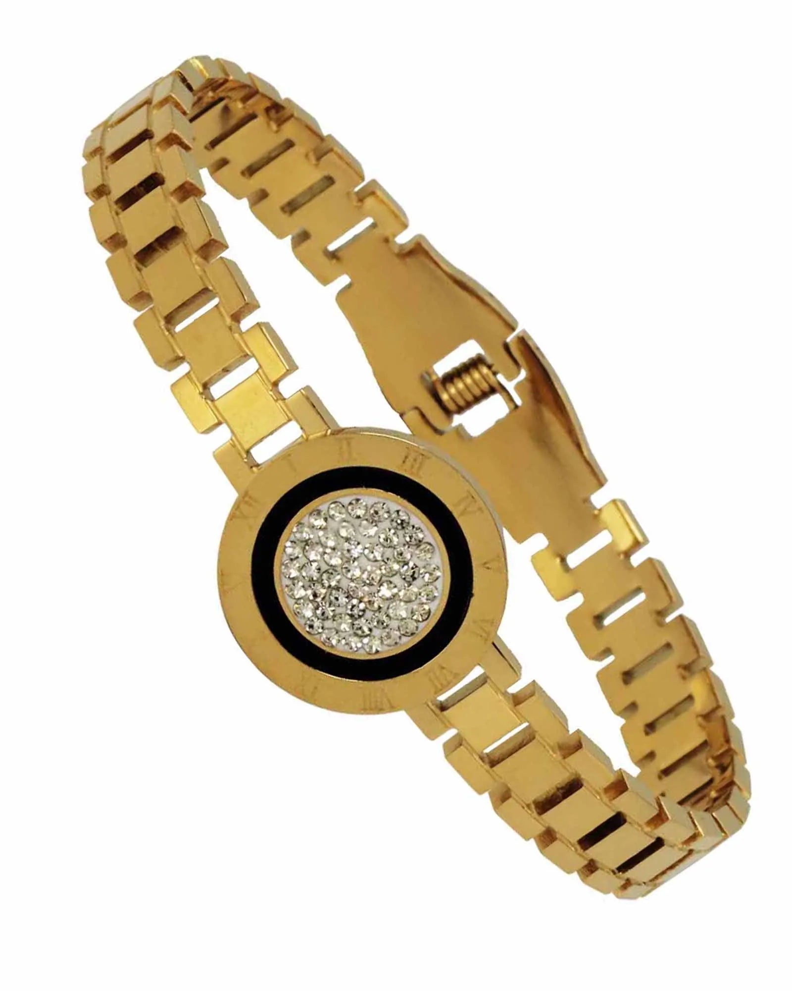 18K Gold-Plated Stainless Steel Bracelet for Women, Roman Letter Round Pendant with Cubic Zirconia Kaaf Creations