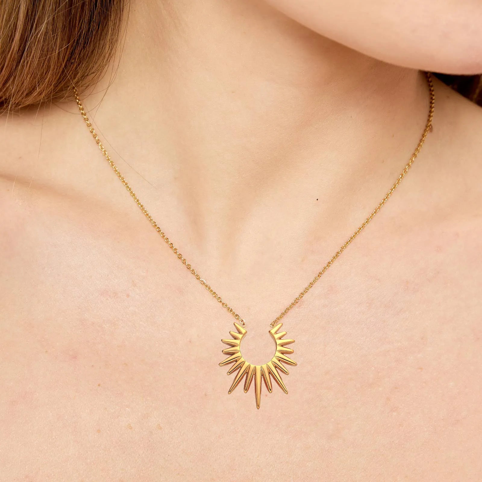 18k gold plated Sunburst Statement Necklace, Geometric Design, 41+5 cm Chain