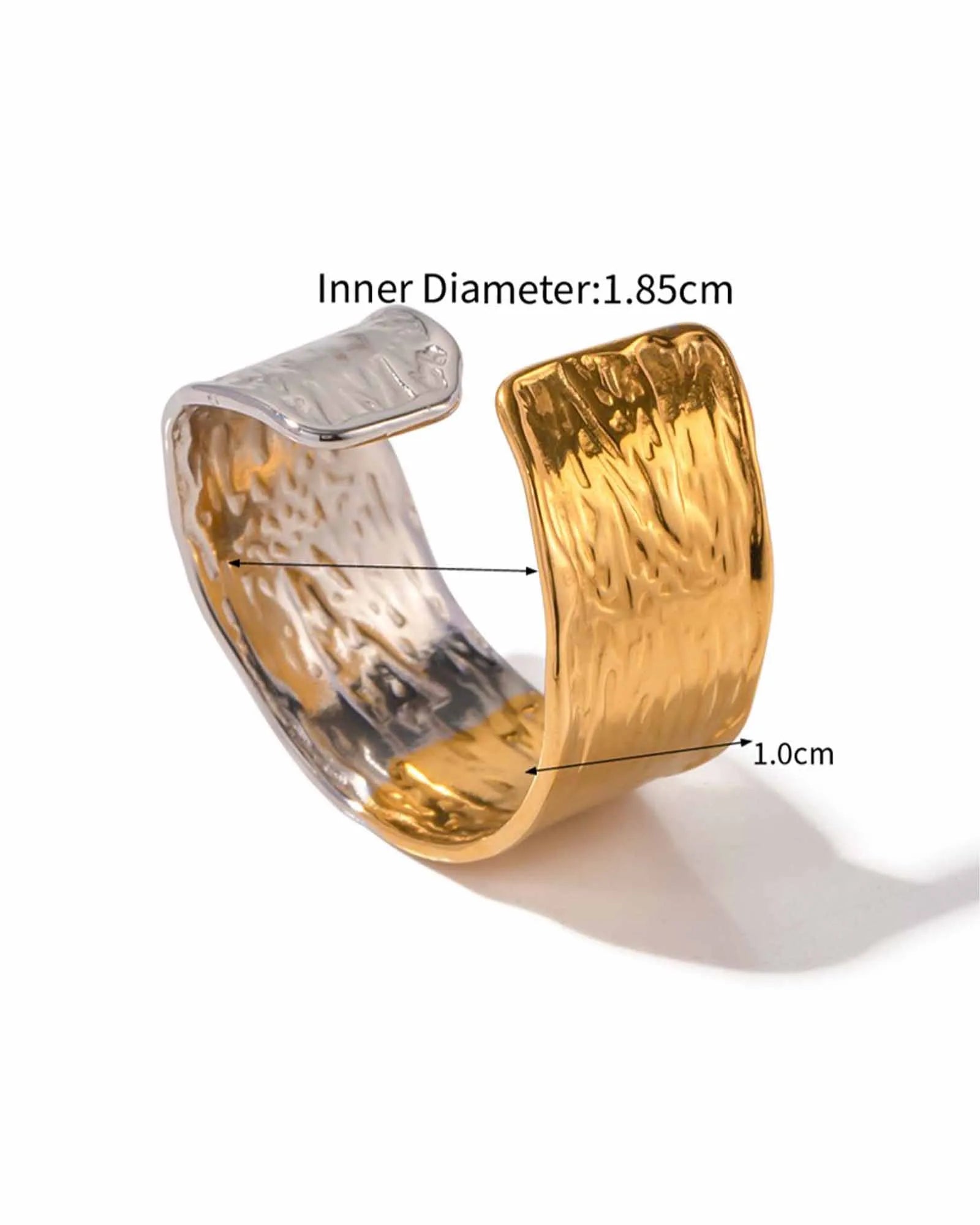 Two-Tone Hammered Cuff Ring, 18K Gold Plated Stainless Steel, Adjustable