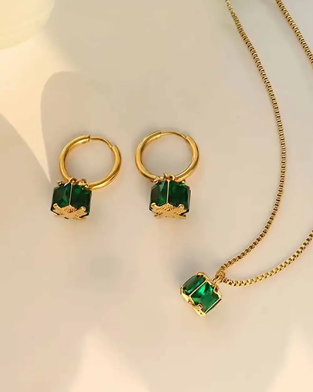 Emerald Crystal Jewelry Set, 18K Gold Plated Stainless Steel, Necklace and Hoop Earrings women and girls Kaaf Creations