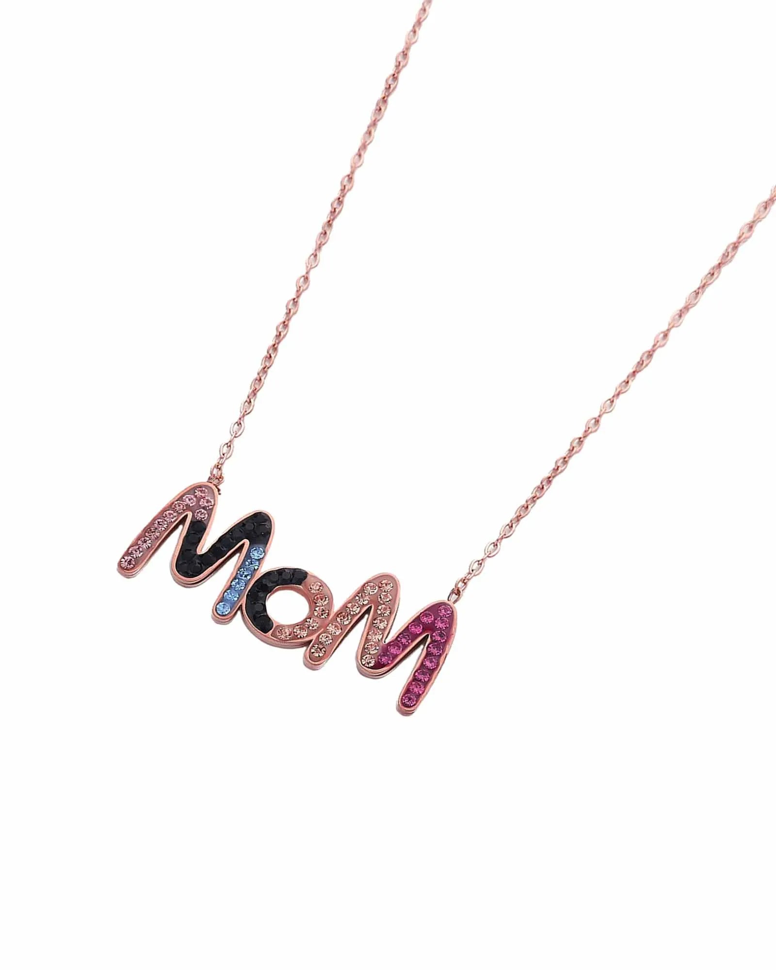 CZ Crystal Mom Choke Necklace, Rose Gold Plated Chain, Multi-Color Pendant, 42 cm + 5 cm Extension