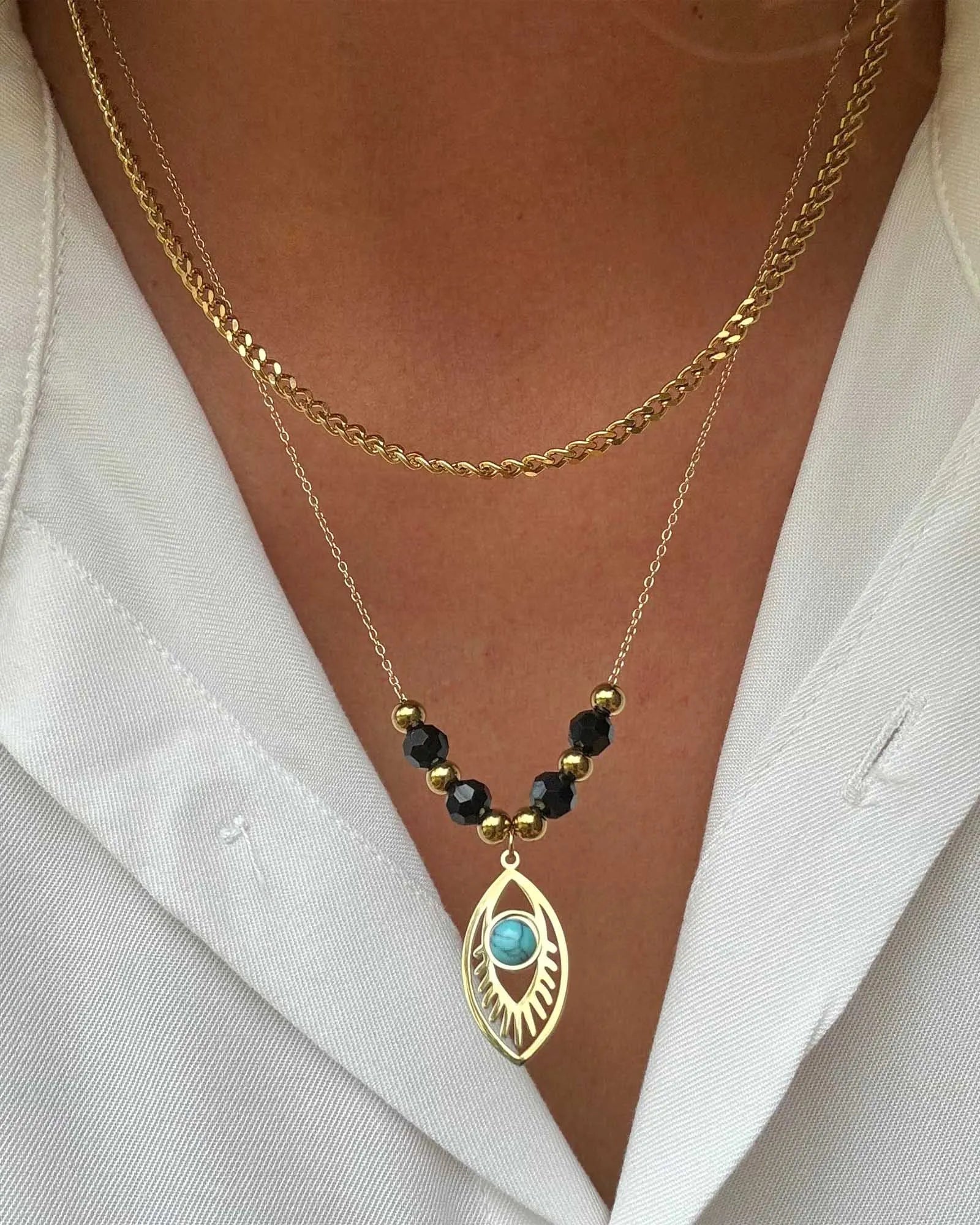 Double Layer Necklace, 18k Gold Plated Stainless Steel, 39+5 cm, Evil eye Turquoise Pendant with Black and gold plated Beads