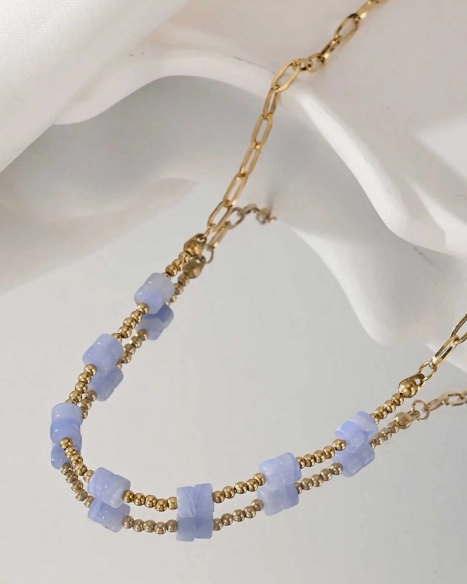 18K Gold Plated Stainless Steel Chain, Dainty Blue Chalcedony Necklace, 39.5 + 5 cm Length Kaaf Creations