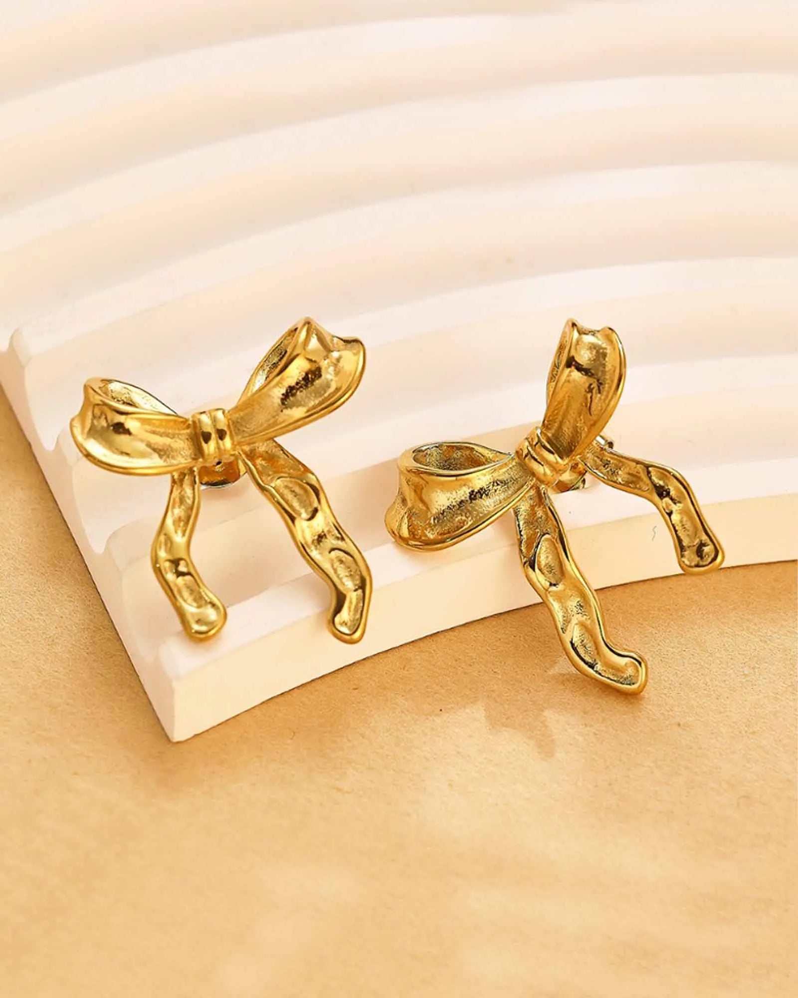 18K Gold Plated Stainless Steel, Bow Design Stud Earrings, Ribbon Style Kaaf Creations