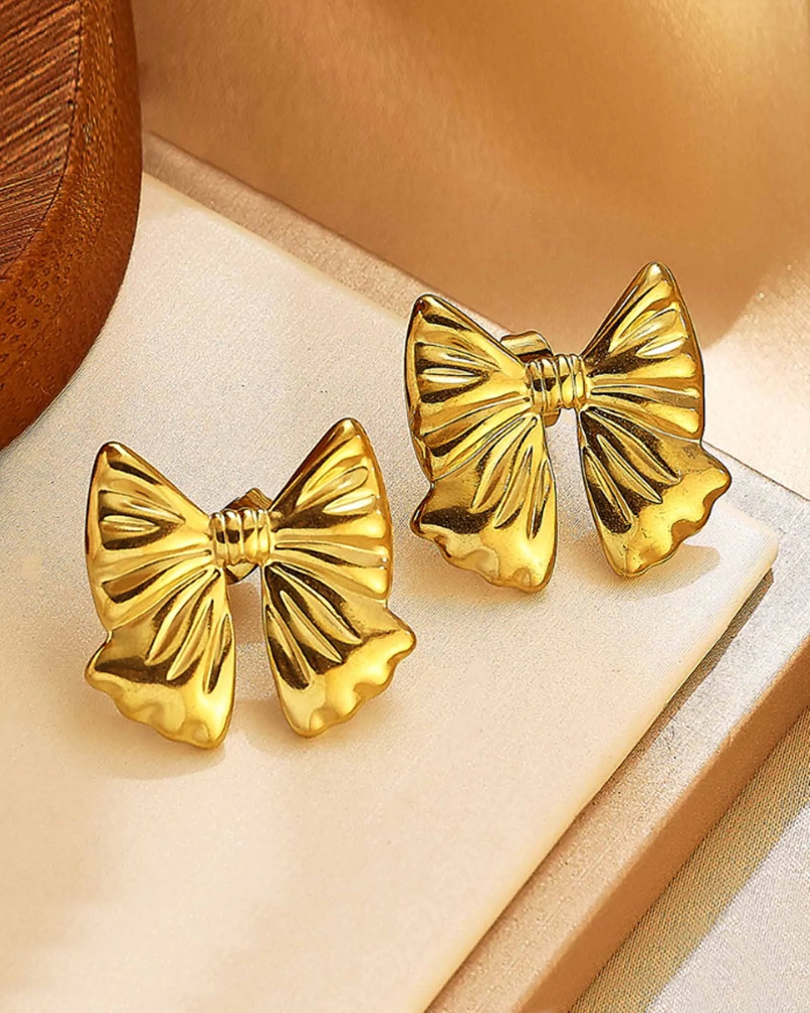 18K Gold Plated Stainless Steel, Bow Stud Earrings, Ribbon Design