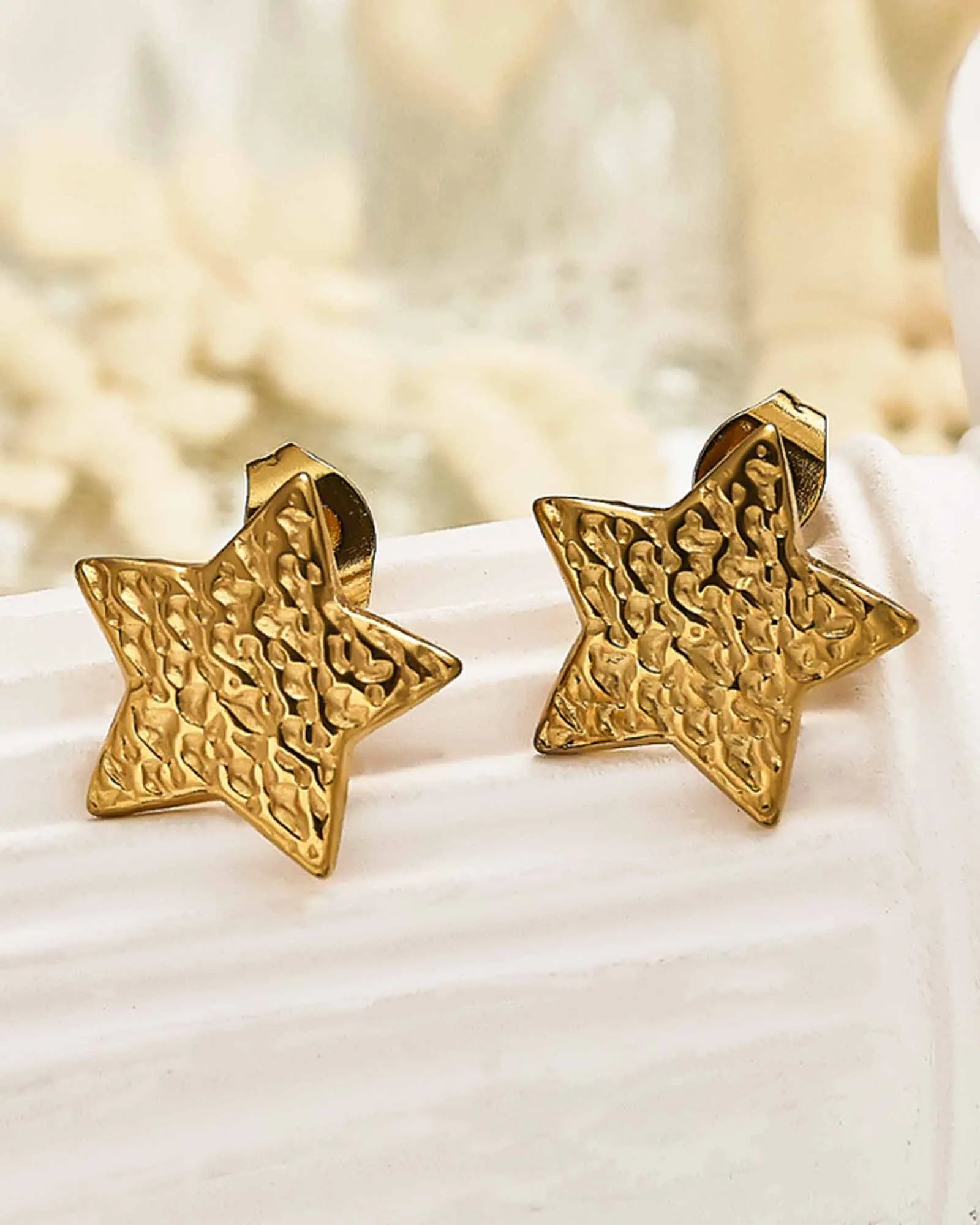 18K Gold Plated Stainless Steel, Star Stud Earrings, Hammered Textured Design