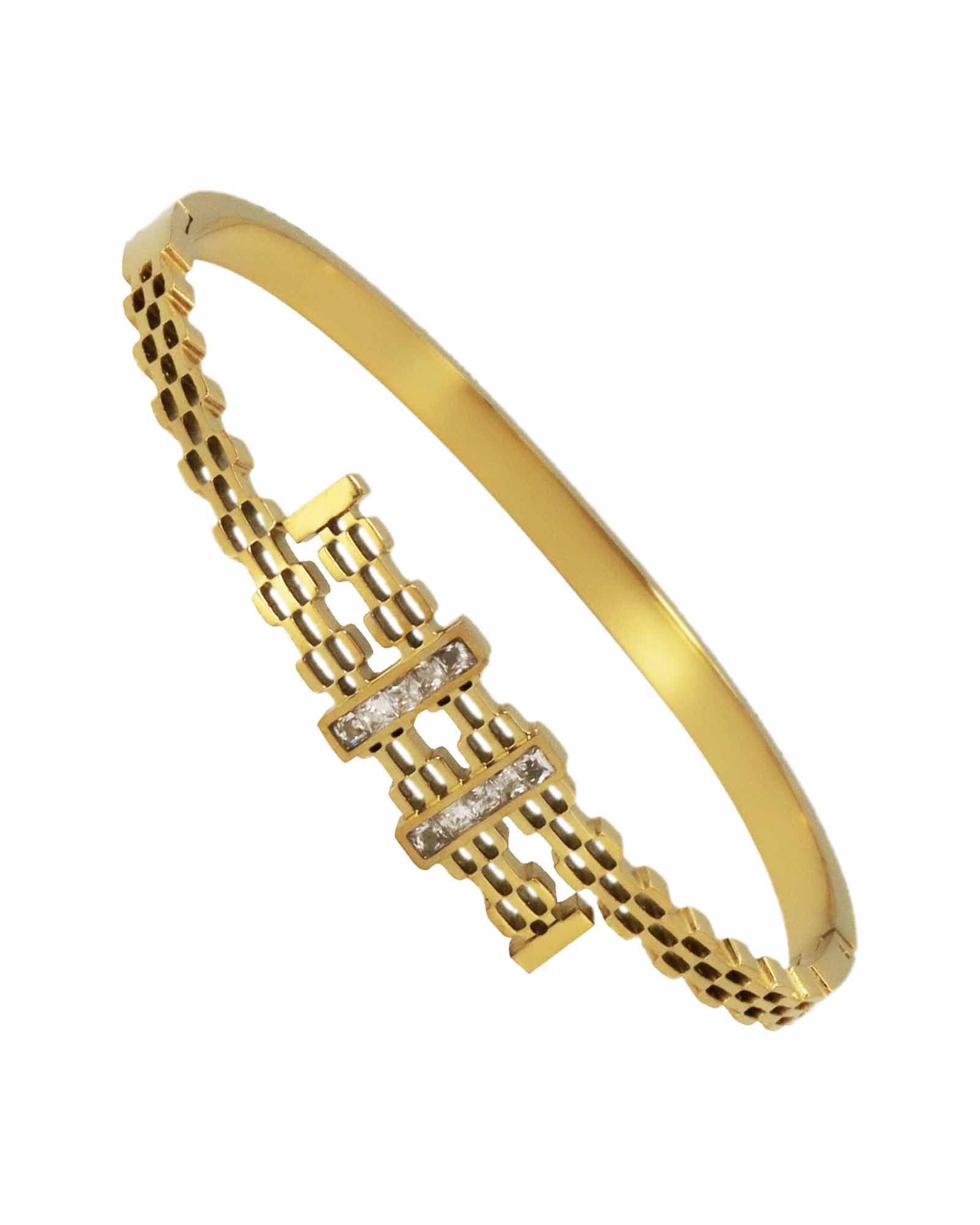 18k Gold plated Stainless Steel Wide Open Bangle Bracelet for Women with cubic zirconia. Kaaf Creations