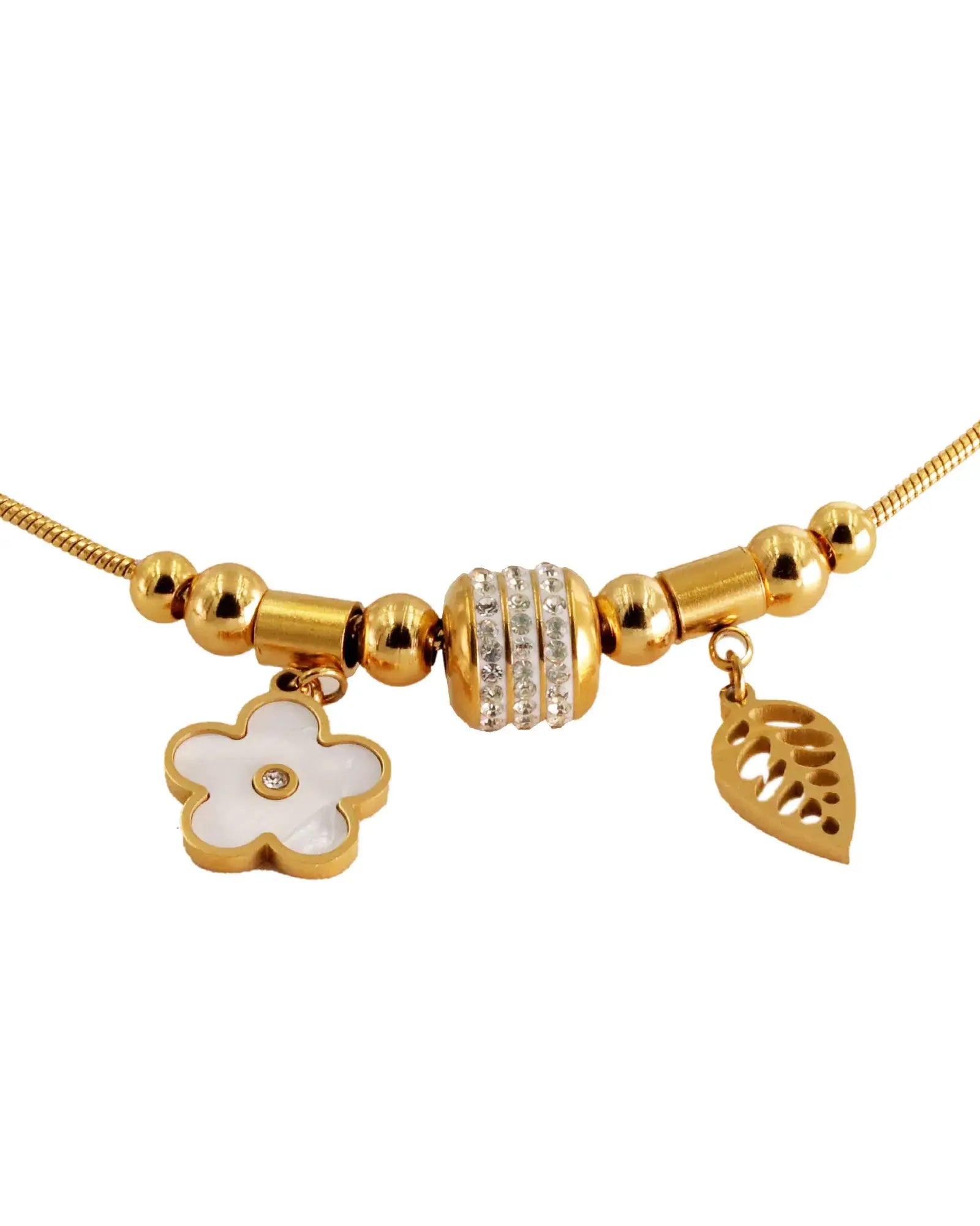 18k Gold Plated Stainless Steel Charm Bracelet, 17 cm, with Leaf and four Flower Charms, added Cubic Zirconia