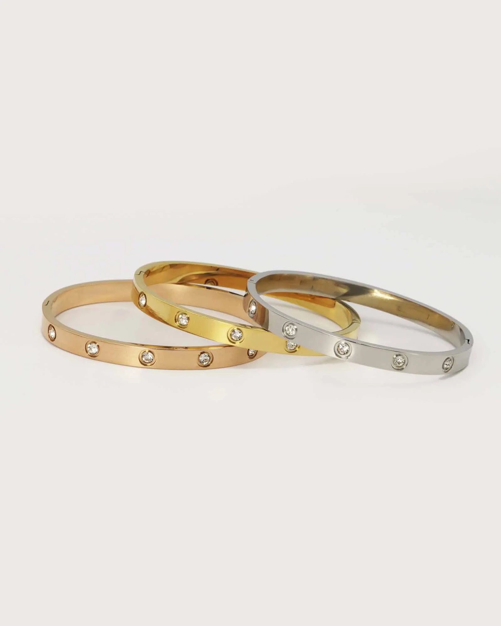 Tri-Colour stainles steel Bracelets - bangle with Crystals, Set of 3, 18k Gold plated, Silver, Rose Gold, Kaaf Creations