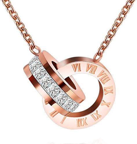 18k Rose Gold Pendant Necklace, Stainless Steel Roman Numeral Double Ring Pendant, Women's Jewelry Gift