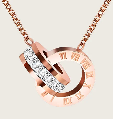 18k Rose Gold Pendant Necklace, Stainless Steel Roman Numeral Double Ring Pendant, Women's Jewelry Gift Kaaf Creations