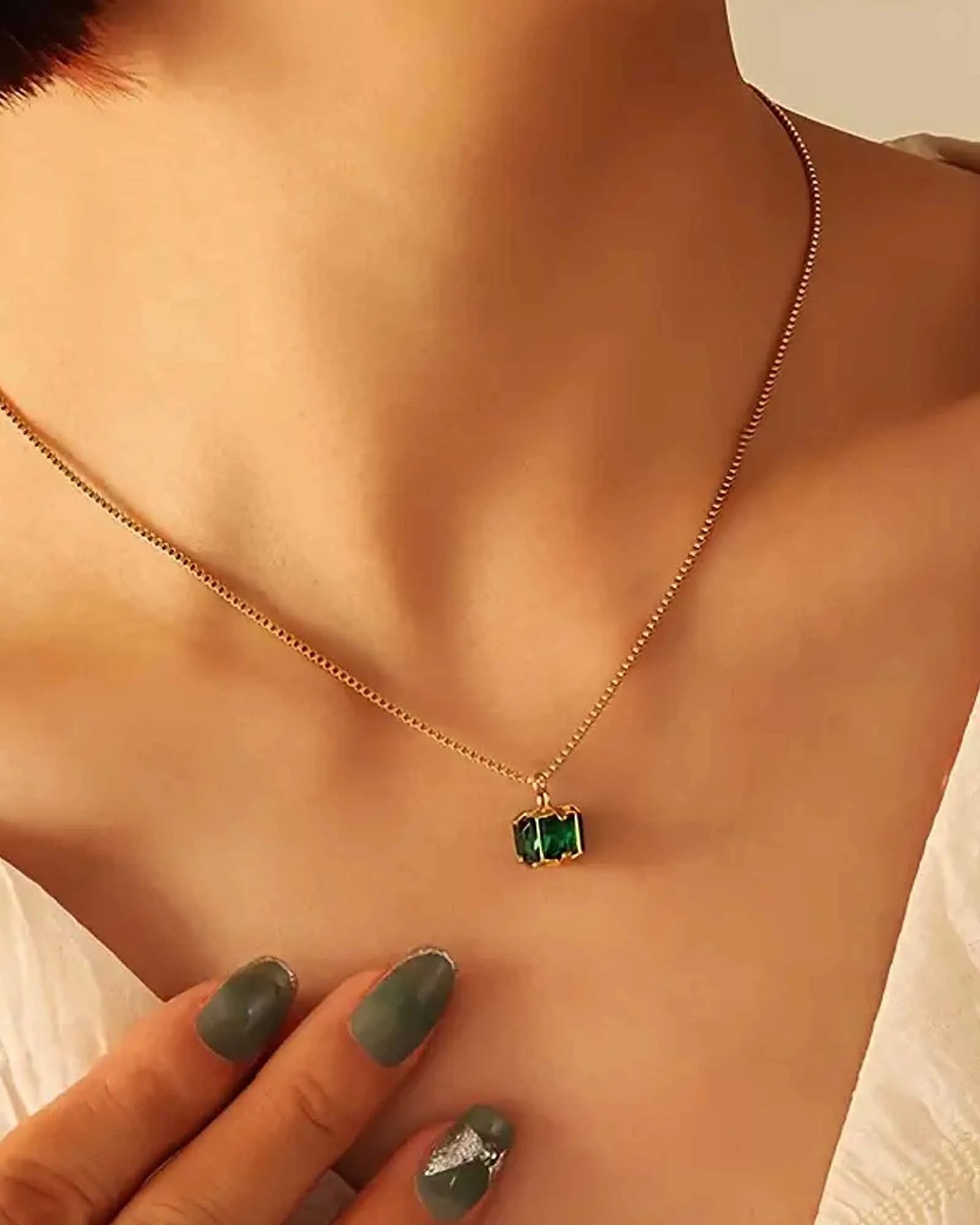 18K Gold Plated Stainless Steel, Emerald Crystal Pendant Necklace with Box Chain Kaaf Creations