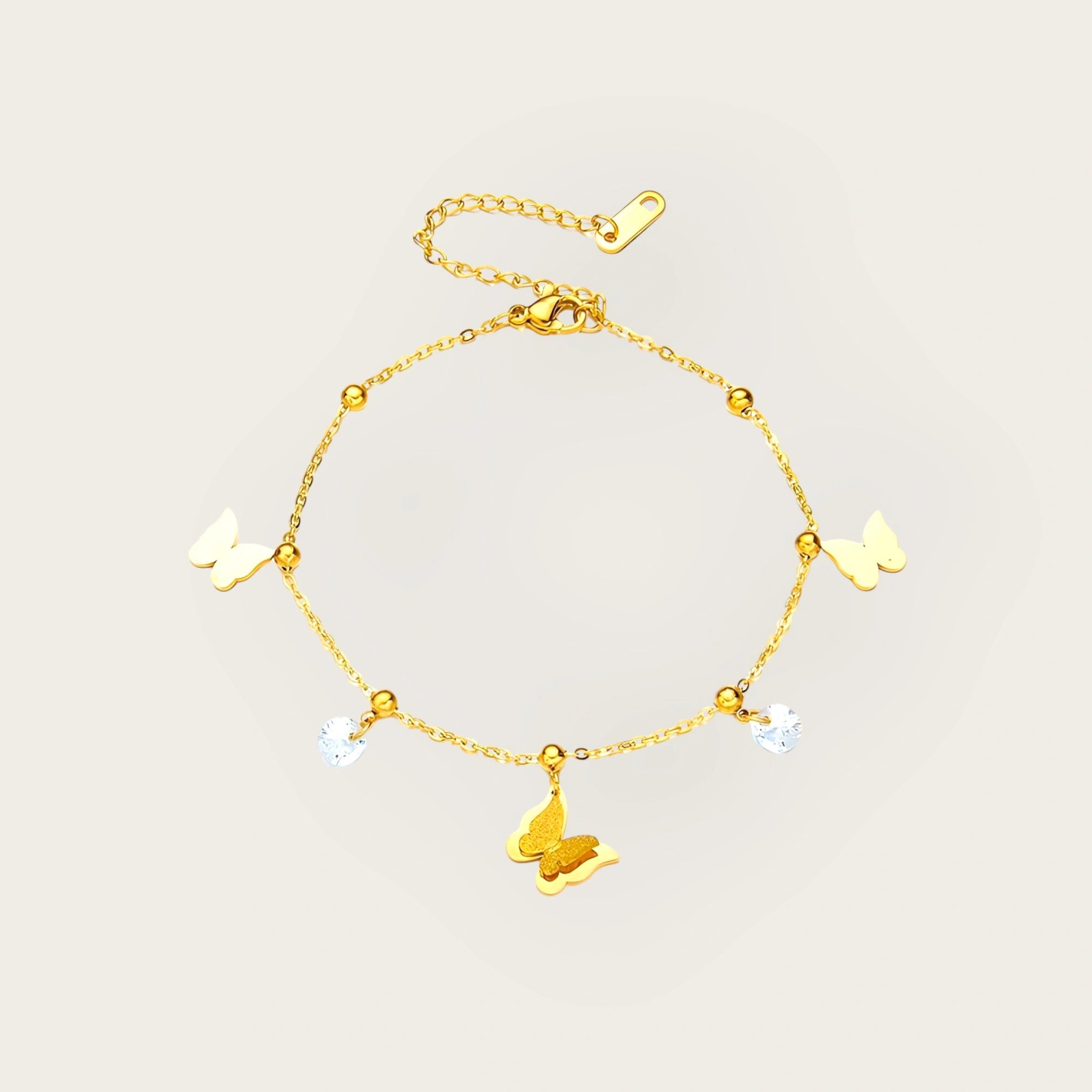 18K Gold Plated Stainless Steel Butterfly Anklet for Women and Girls, Cubic Zirconia Inserts, waterproof and hypoallergenic