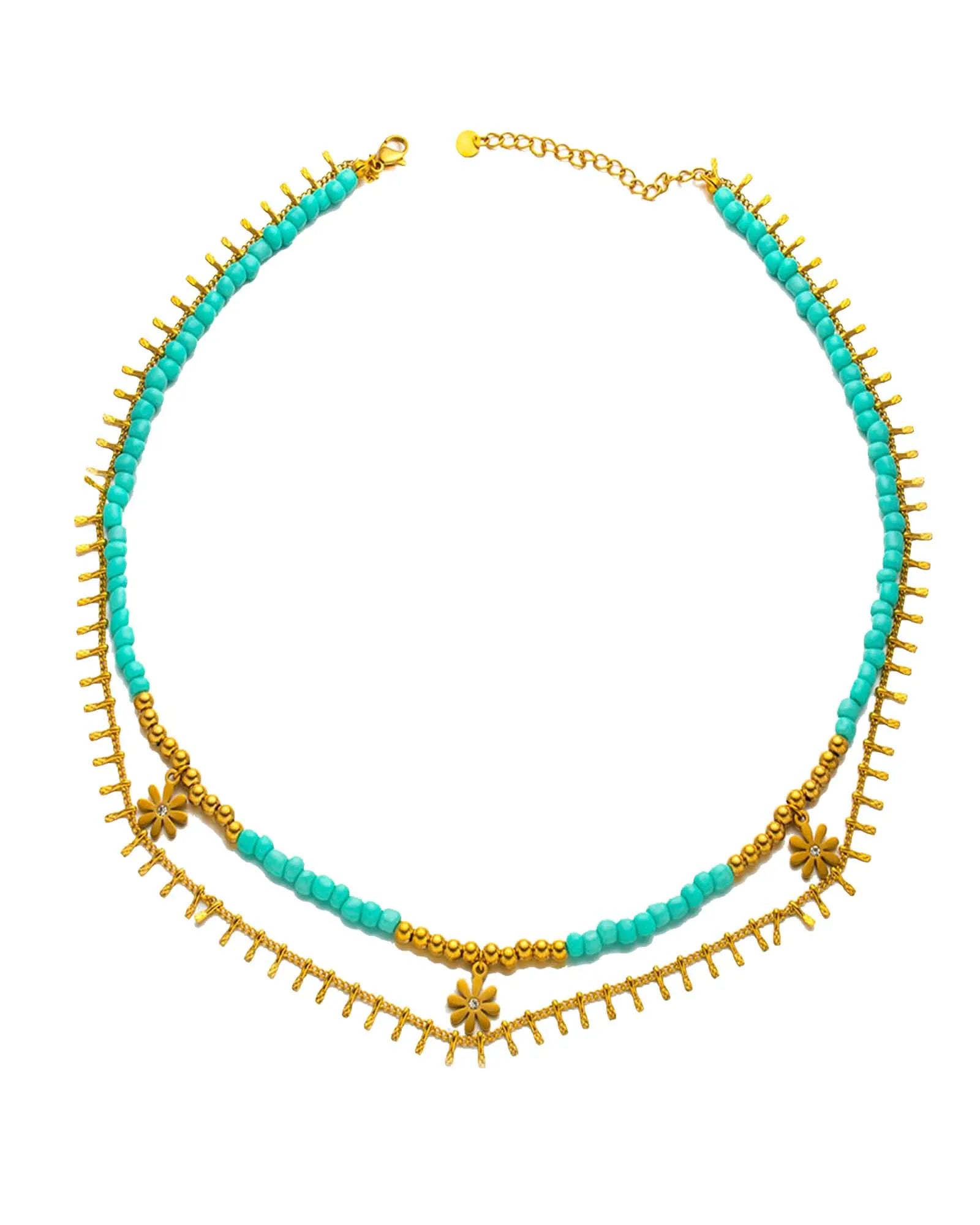 18k gold plated stainles steel, Layered Turquoise Beaded Necklace with Gold Flower Charms, 40+5 cm