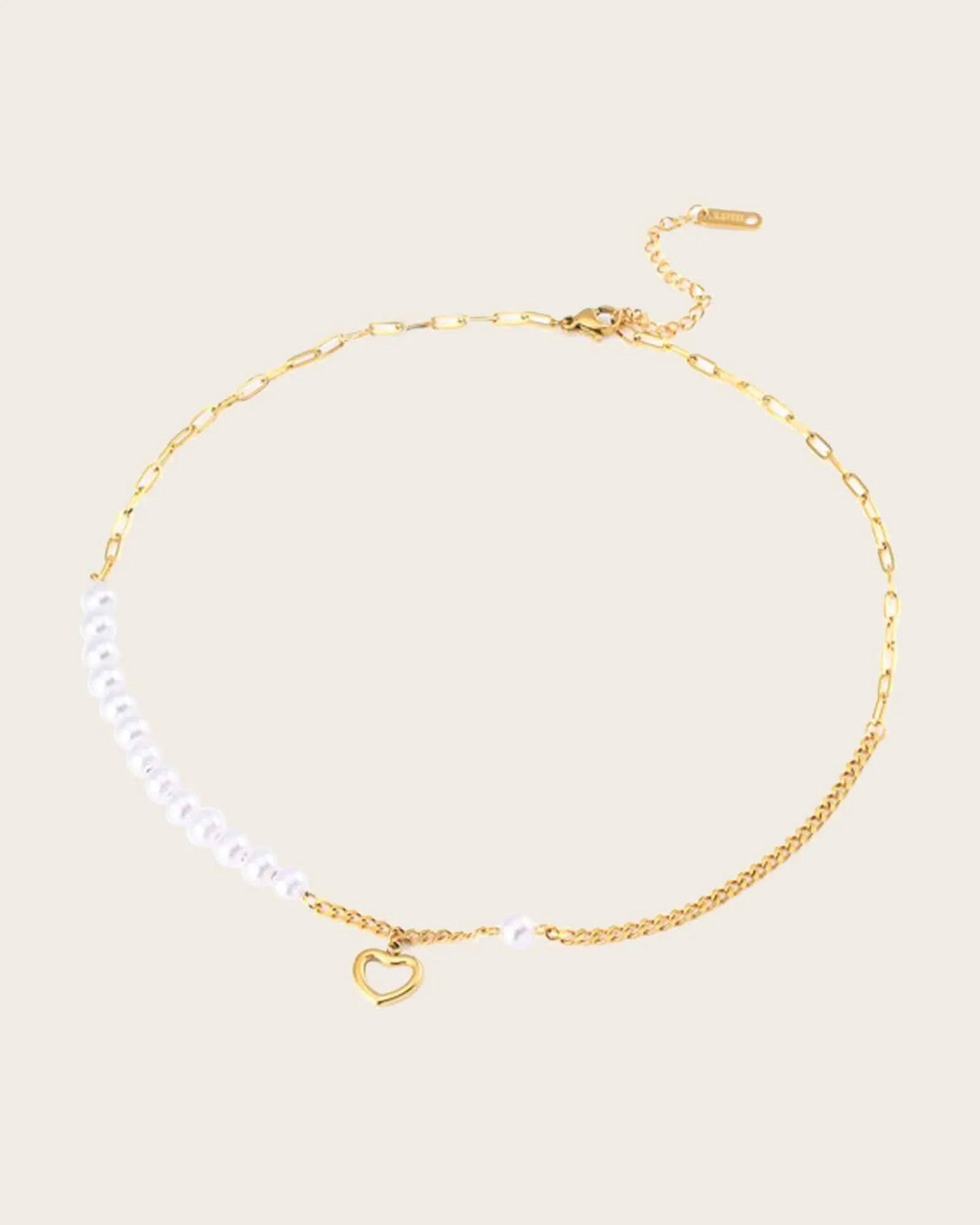 18K Gold Plated Pearl Necklace with Heart Charm, 40+5 cm Kaaf Creations