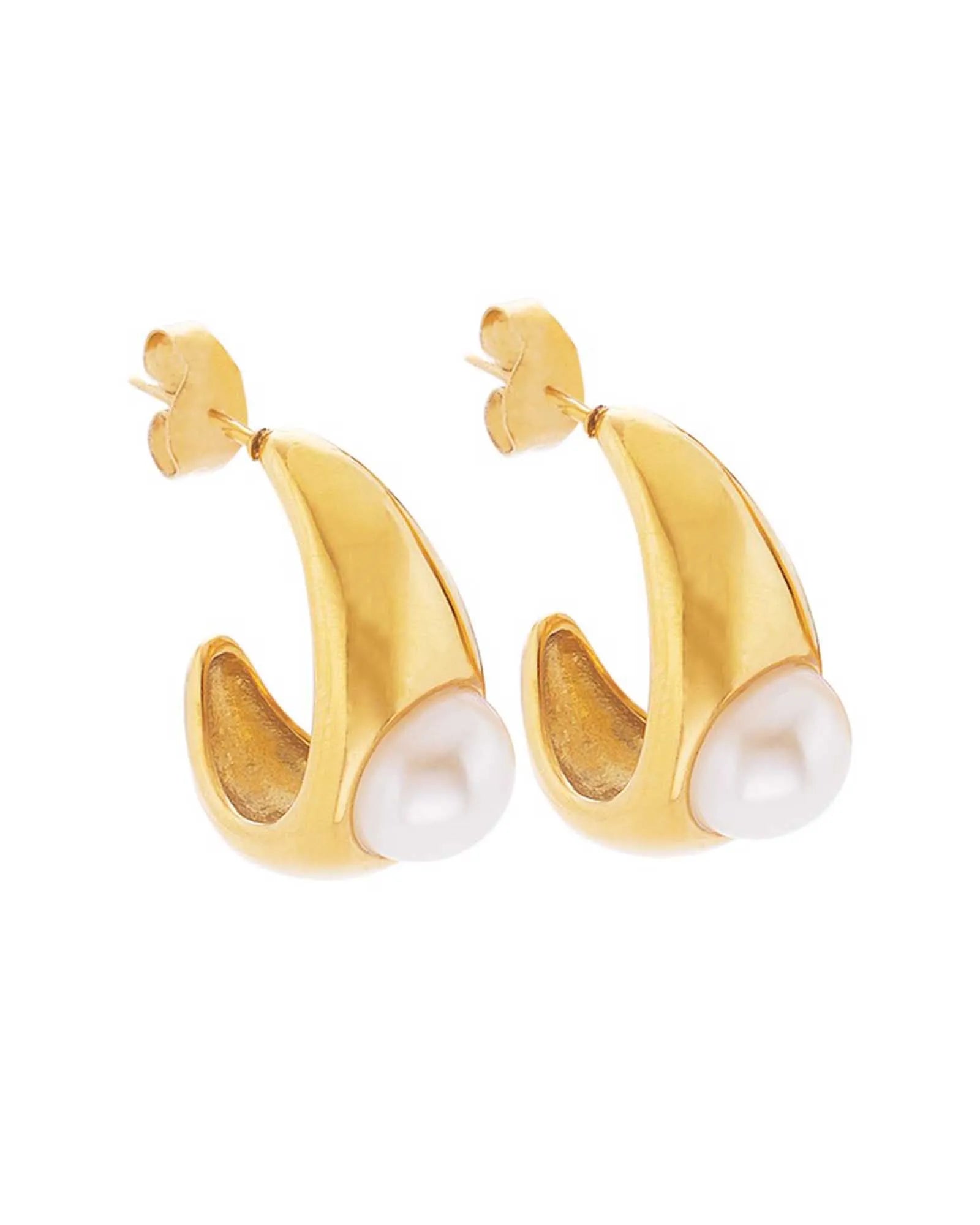 Pearl Drop Hoop Earrings, 18K Gold Plated Stainless Steel, Modern Design