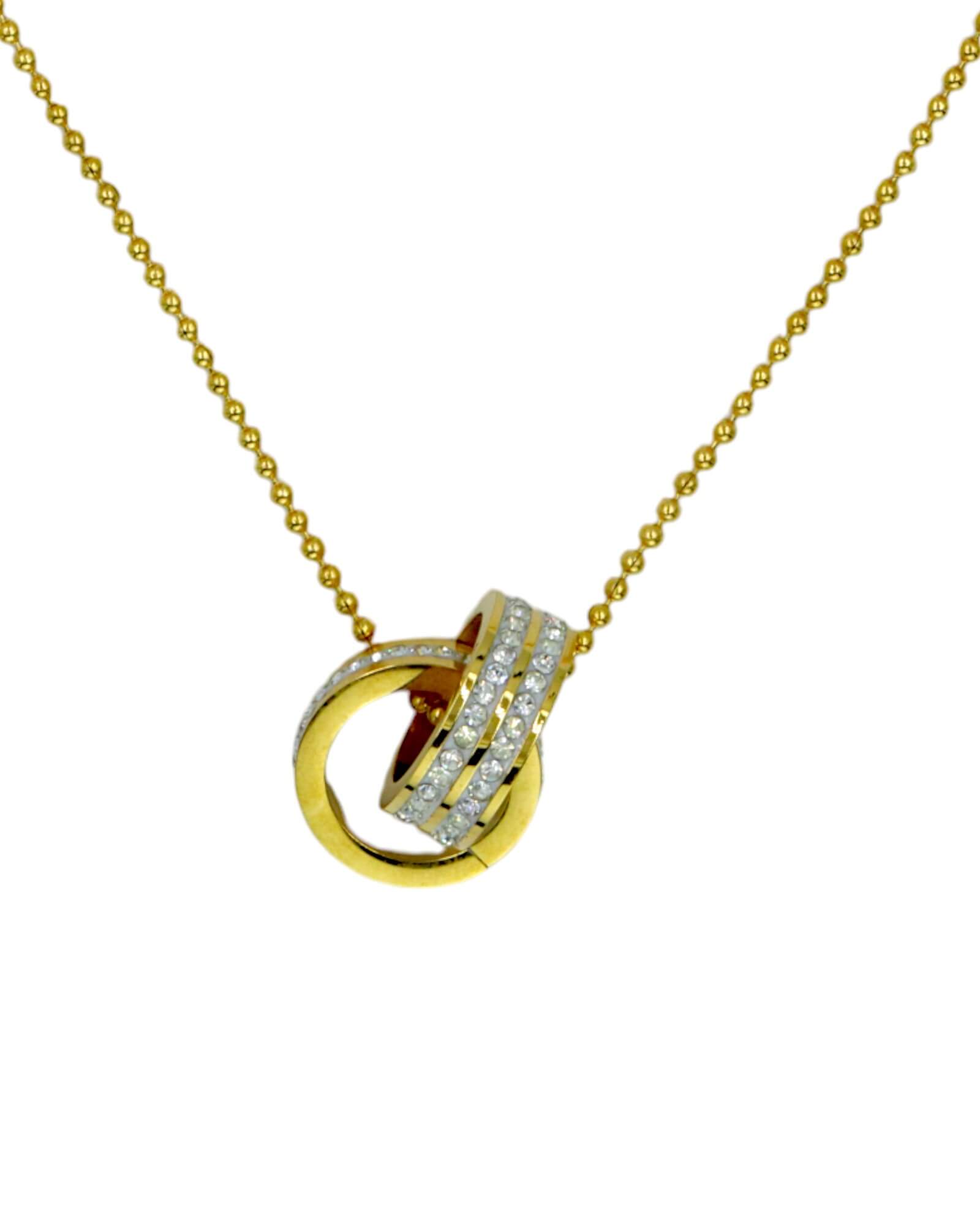 18K Gold Plated Stainless Steel Double Round Zircon Necklace for Women, 40+5 cm Length