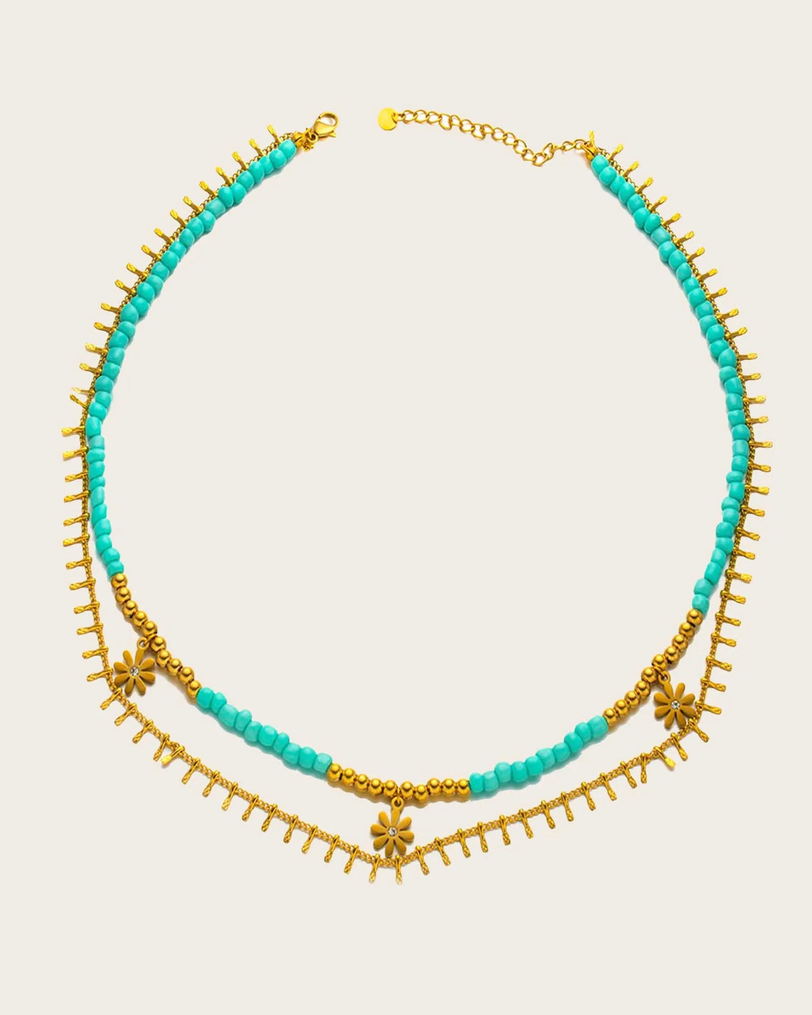 18k gold plated stainles steel, Layered Turquoise Beaded Necklace with Gold Flower Charms, 40+5 cm Kaaf Creations