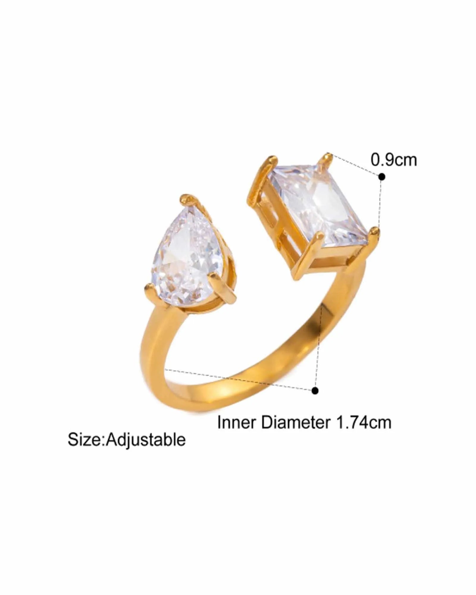 18K Gold Plated Stainless Steel, Dual Crystal Statement Ring, Open Design Kaaf Creations