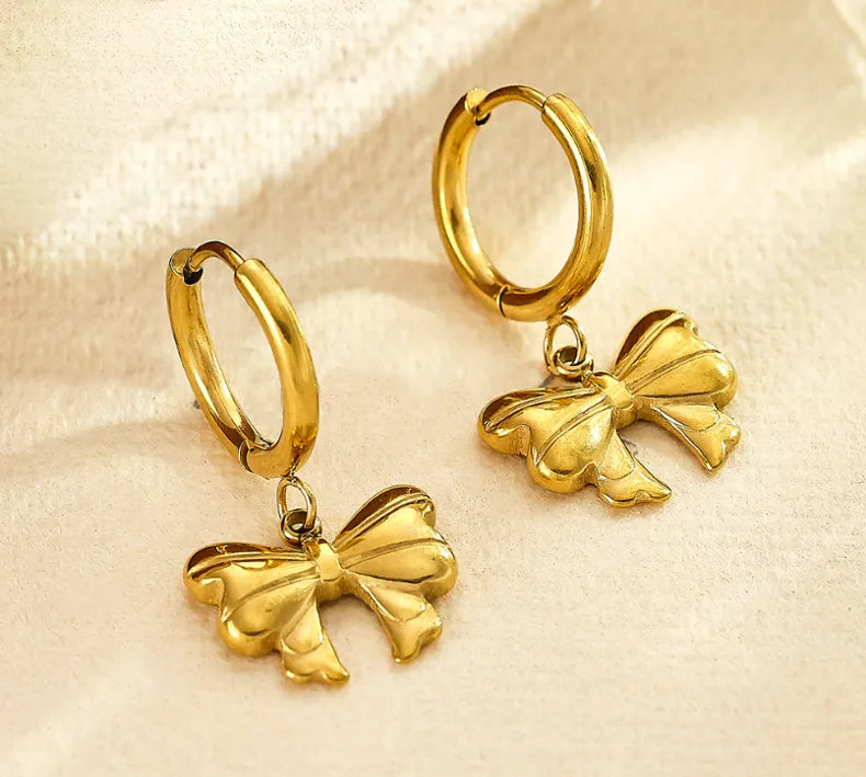 18K Gold Plated Stainless Steel, Bow Charm Hoop Earrings, Dangle Drop Style Kaaf Creations