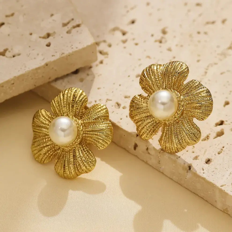 18K Gold Plated and Stainless Steel, Floral Pearl Stud Earrings, Textured Flower Design Kaaf Creations