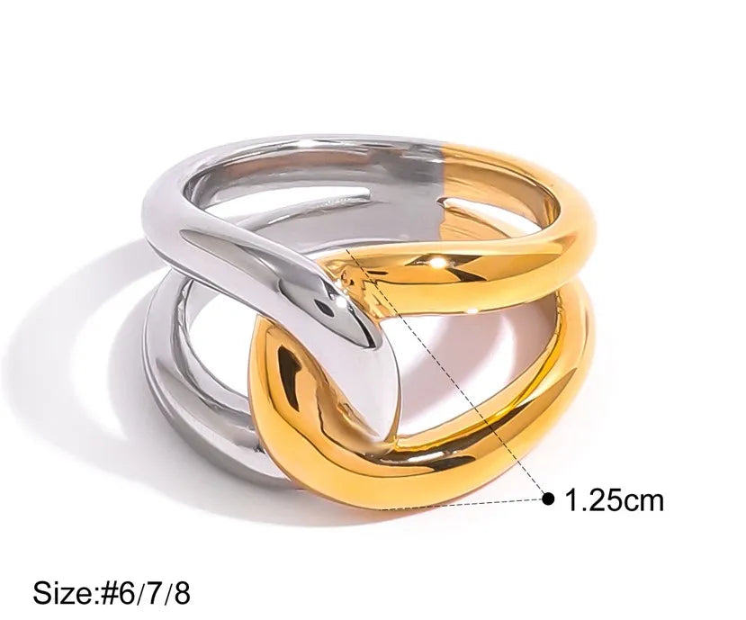 Two-Tone Statement Ring, 18K Gold Plated and Silver, Stainless Steel (size-6,7,8)