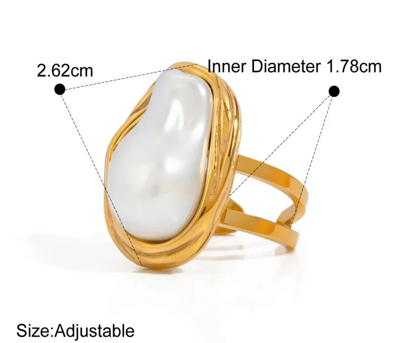 18K Gold Plated Stainless Steel, Baroque Pearl Statement Ring, Size Adjustable best for gift Kaaf Creations