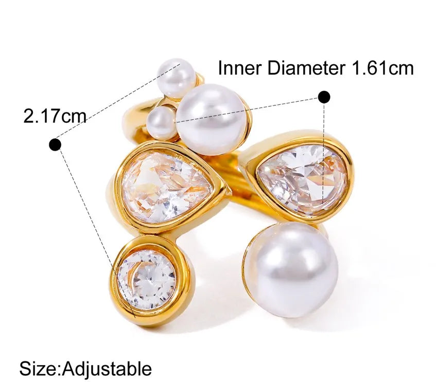 18K Gold Plated Stainless Steel, Elegant Pearl and Crystal Statement Ring, Adjustable