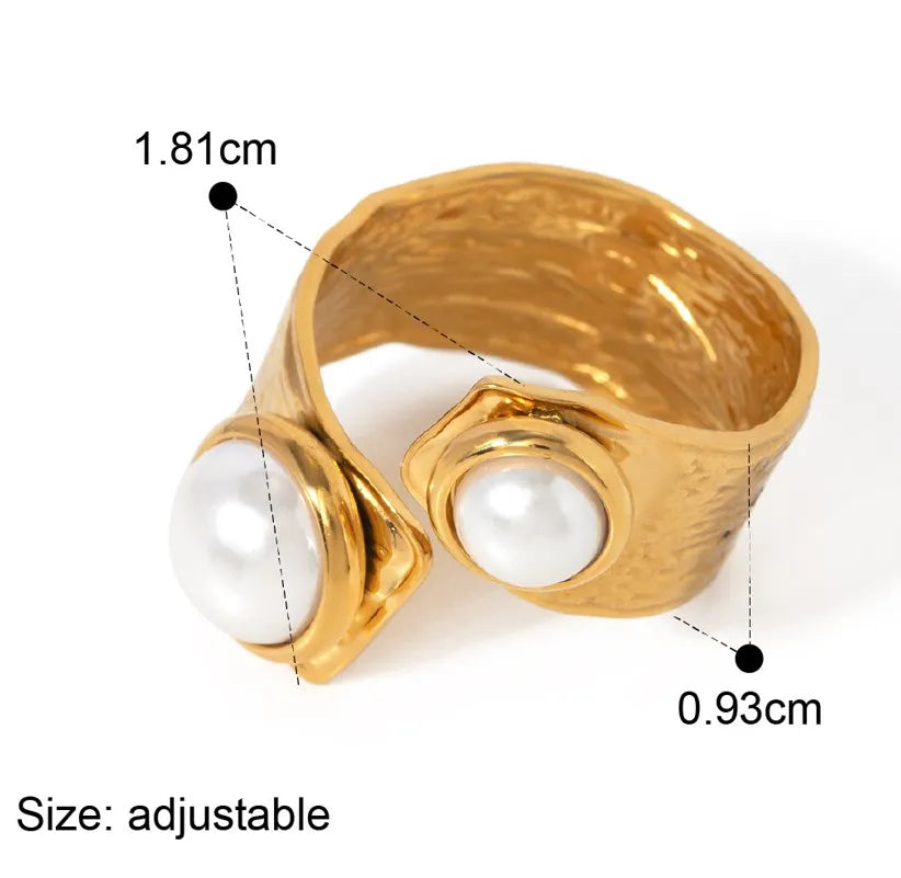 8K Gold Plated Stainless Steel ring, Double Pearl Design, size Adjustable