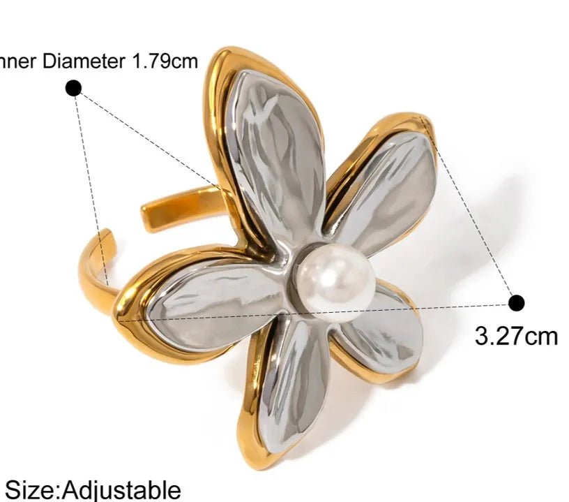 18K Gold Plated Stainless Steel, Two-Tone Flower Ring with Pearl Center, Adjustable Kaaf Creations