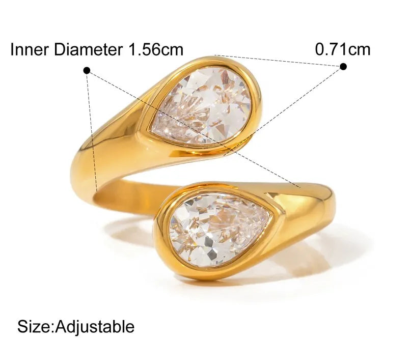 18K Gold Plated Stainless Steel, Double Crystal Teardrop Ring, Adjustable Kaaf Creations