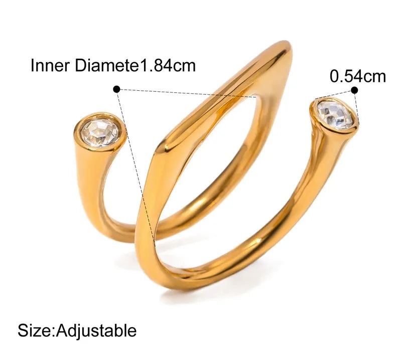 18K Gold Plated Stainless Steel, Spiral Crystal Statement Ring, Double Stone Design Search this page