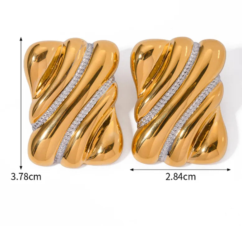 Twisted Design 18K Gold Plated Stainless Steel Earrings with Diamond Accent Stripes,