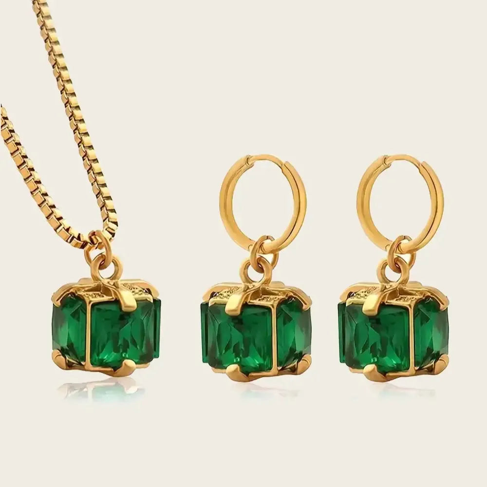 Emerald Crystal Jewelry Set, 18K Gold Plated Stainless Steel, Necklace and Hoop Earrings women and girls Kaaf Creations