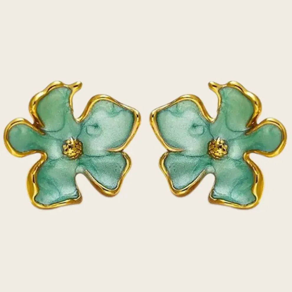 18K Gold Plated Stainless Steel Floral Stud Earrings, Mint Green Enamel with Gold-Plated Trim Kaaf Creations