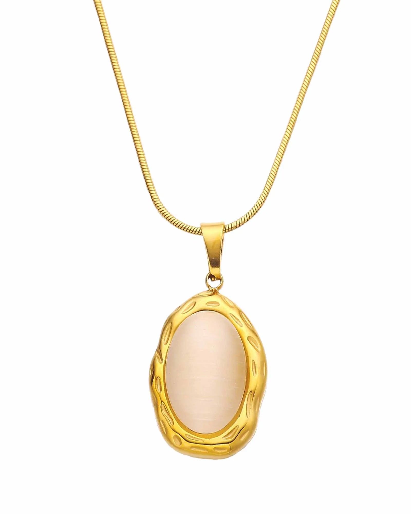 18K Gold Plated Stainless Steel Oval Cat's Eye Stone Pendant Necklace, 46 cm Chain Kaaf Creations