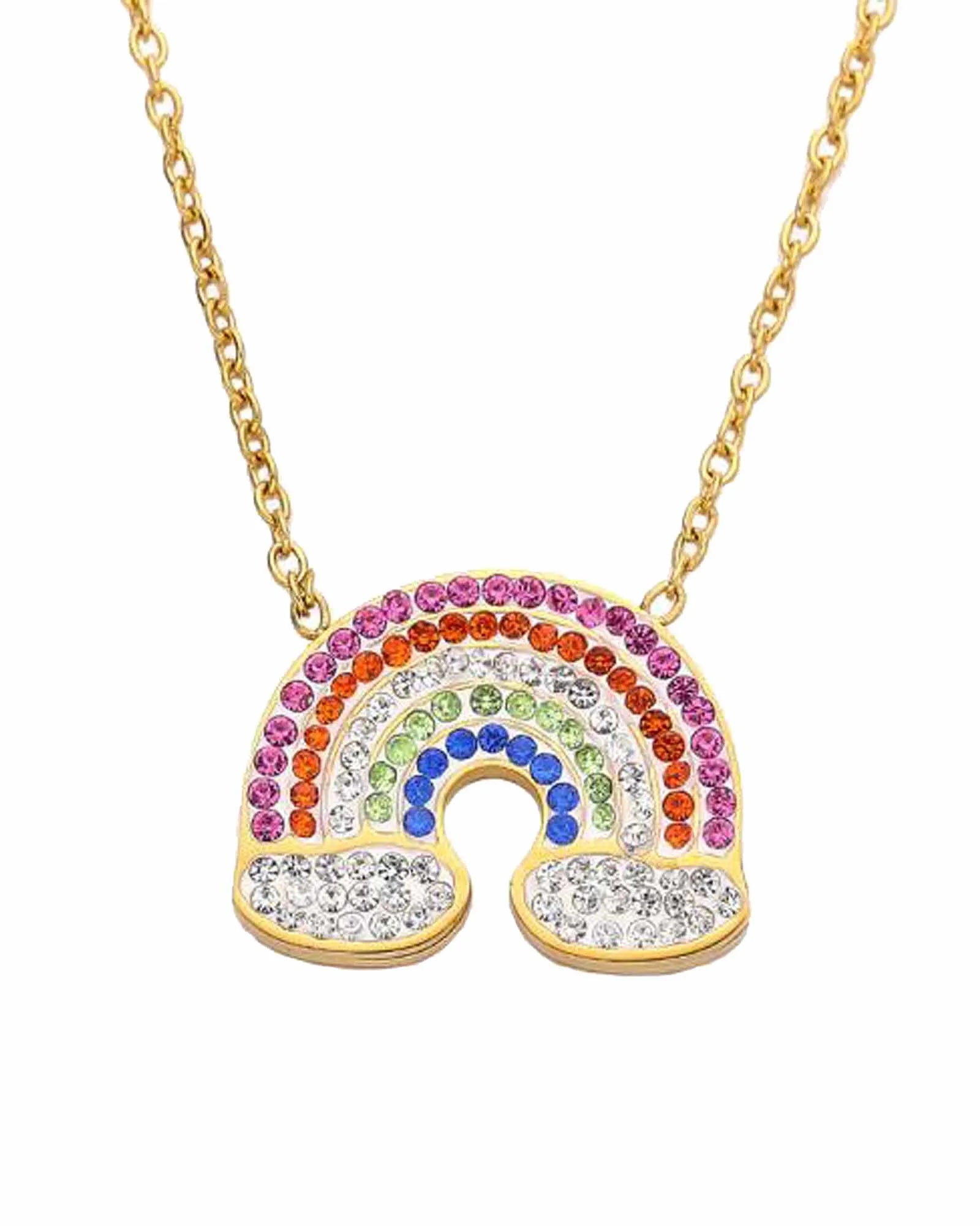 Rainbow Crystal Pendant Necklace, 18K Gold Plated Stainless Steel Chain, Multicolored