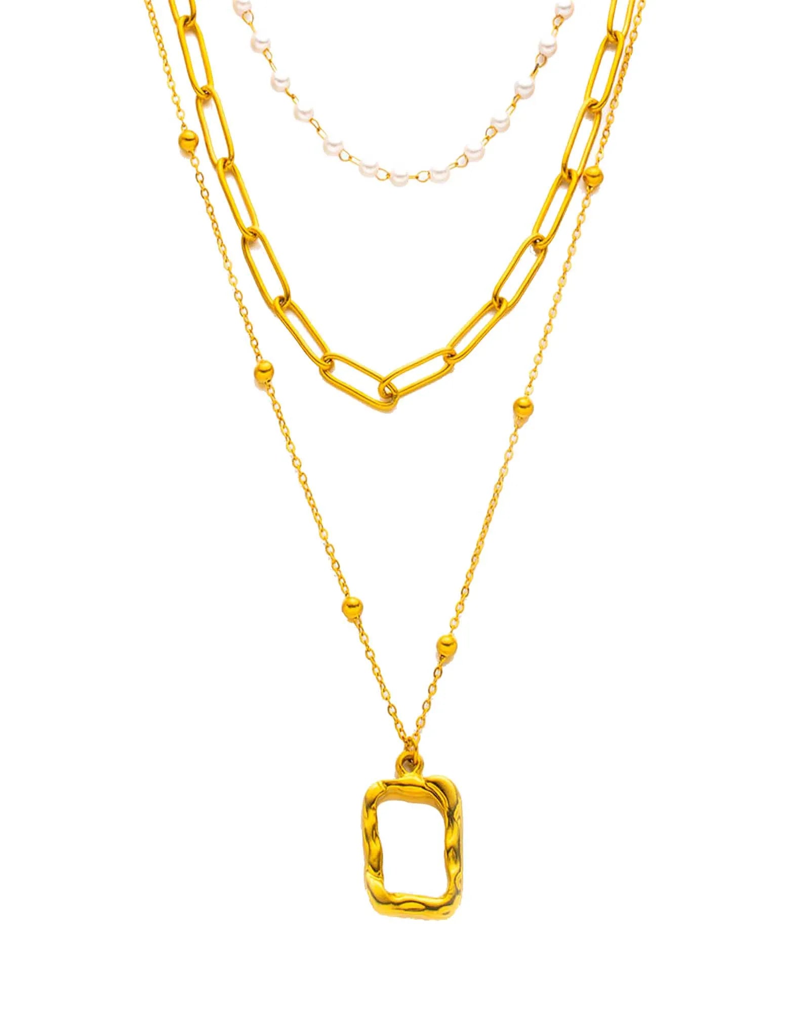 18k gold plated stainles steel Layered Chain Necklace Set, Pearl and Rectangle Pendant, 38 cm, 37 cm, 51 cm Kaaf Creations