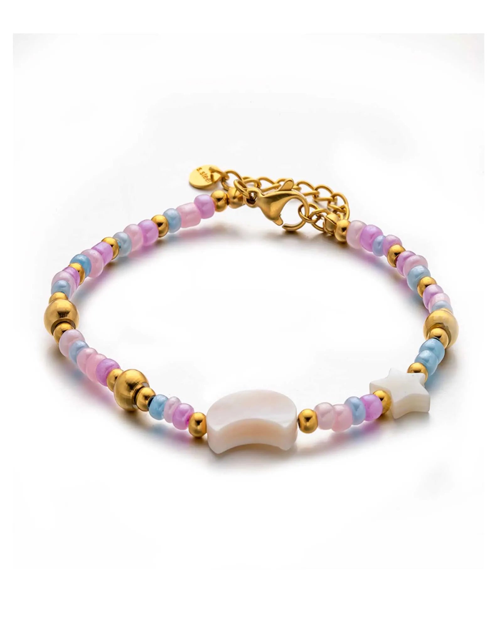 18K Gold Plated stainless steel, Pastel Glass Bead Bracelet with Pearl Accent, 16.5 cm + 3 cm Extension