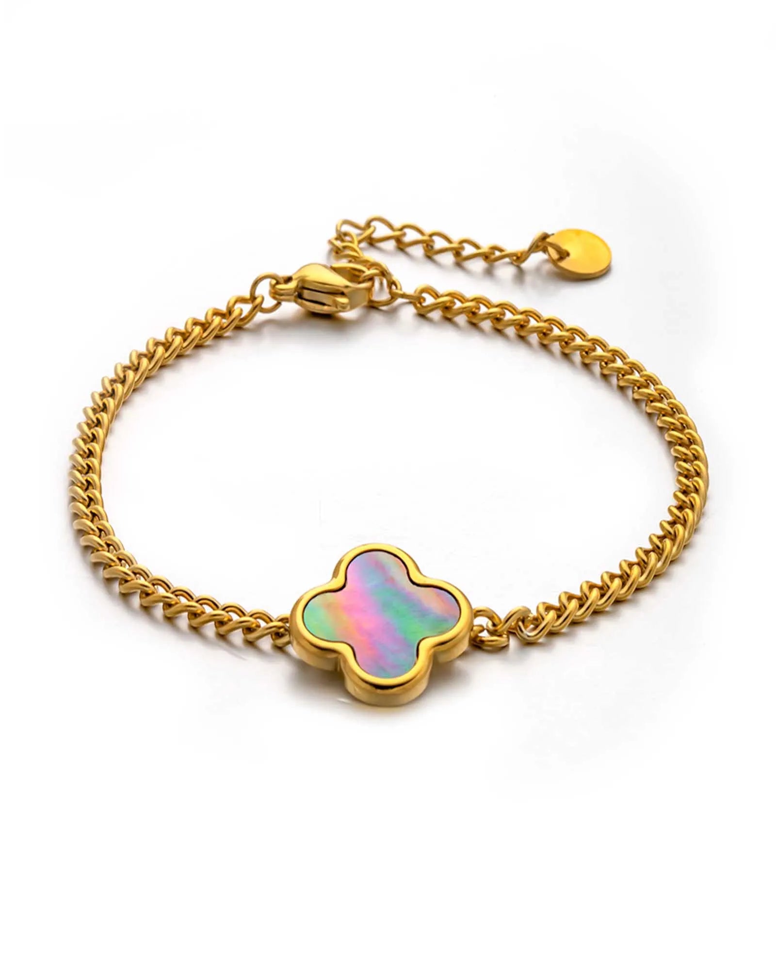 18K Gold Plated Stainless Steel, Clover Charm Bracelet, Iridescent Center, 16.5 cm + 4 cm Extension