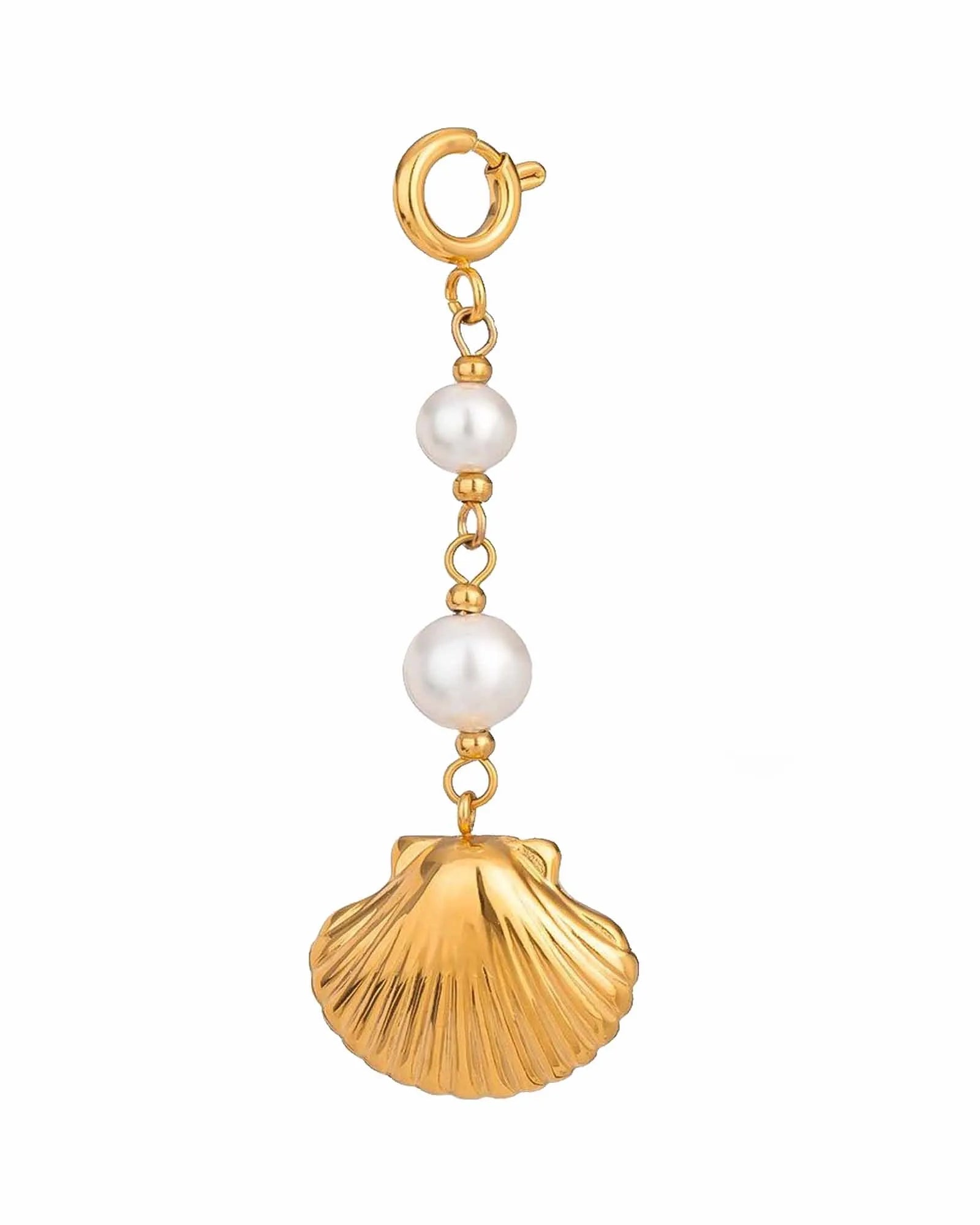 Shell Pearl Charm, 18K Gold Plated Stainless Steel, Seashell Pendant with White Pearls